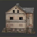 Old Two Story Building With Dilapidated Exterior Dark Roof And Peeling Walls