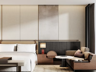 Modern Elegant Hotel Room Interior With White Bed Sofa And Textured Walls 3d model