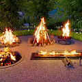 Outdoor Garden Decor With Multiple Fire Pits Green Plants And Gravel