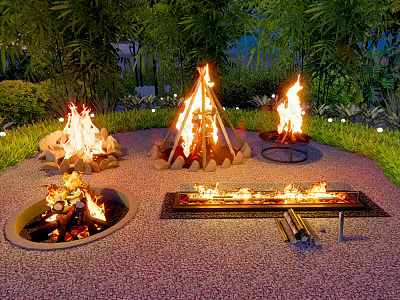 Outdoor Garden Decor With Multiple Fire Pits Green Plants And Gravel 3d model