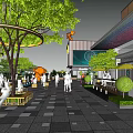 Modern Commercial Landscape With Pedestrian Walkway Starbucks McDonald's Green Plants And Sculpture