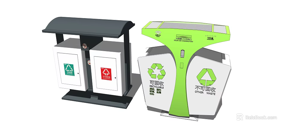 Public Facility Classified Recycling Trash Bins With Solar Powered Tops And Dual Compartments 3d model 