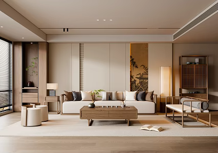 New Chinese Song Style Living Room Sofa Coffee Table Three-person Sofa Double Sofa Floor Lamp 3d model