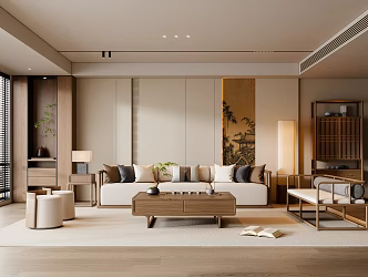 New Chinese Song Style Living Room Sofa Coffee Table Three-person Sofa Double Sofa Floor Lamp 3d model