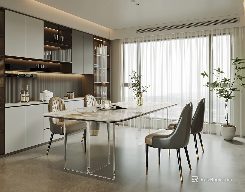 Elegant Modern Dining Table Set With Long Marble Top Comfortable Chairs Cabinets And Large Windows 3d model