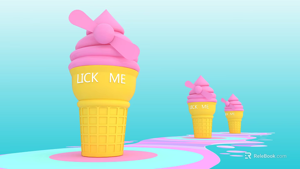 Ice Cream Shaped Yellow Cone Pink Ice Cream LICK ME Lettering Decorative Ornament Set 3d model 
