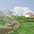 Outdoor Tensile Membrane Playground Structures With Various Shapes On Green Lawn