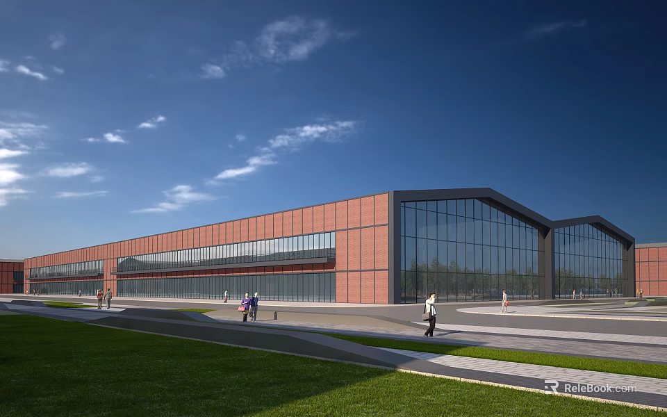 Industrial Factory Building Modern Red Brick Exterior Glass Curtain Wall Large Windows Lawn Walkway People 3d model 