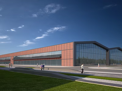 Industrial Factory Building Modern Red Brick Exterior Glass Curtain Wall Large Windows Lawn Walkway People 3d model