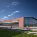 Industrial Factory Building Modern Red Brick Exterior Glass Curtain Wall Large Windows Lawn Walkway People