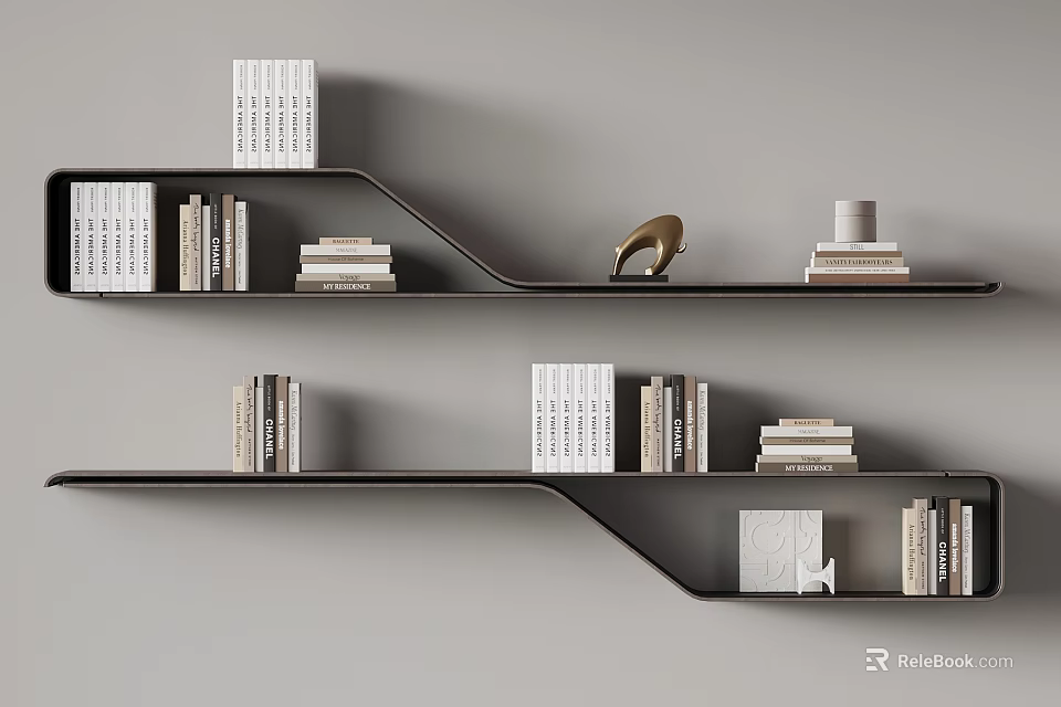 Modern Wall Mounted Bookshelf With Stacked Books And Decorative Items 3d model 