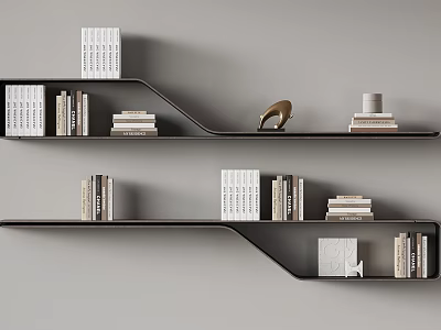 Modern Wall Mounted Bookshelf With Stacked Books And Decorative Items 3d model