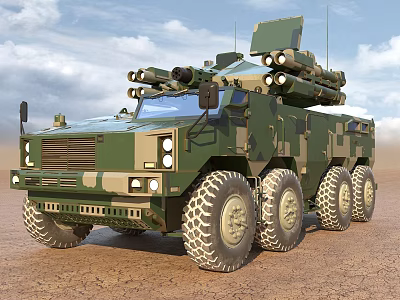 Armored Military Vehicle with Camouflage Paint Multi Wheel Roof Mounted Military Equipment on Desert Terrain 3d model