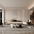 Modern Living Room Interior With White Sofa Coffee Table Area Rug Plants And Staircase