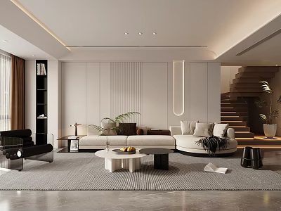 Modern Living Room Interior With White Sofa Coffee Table Area Rug Plants And Staircase 3d model