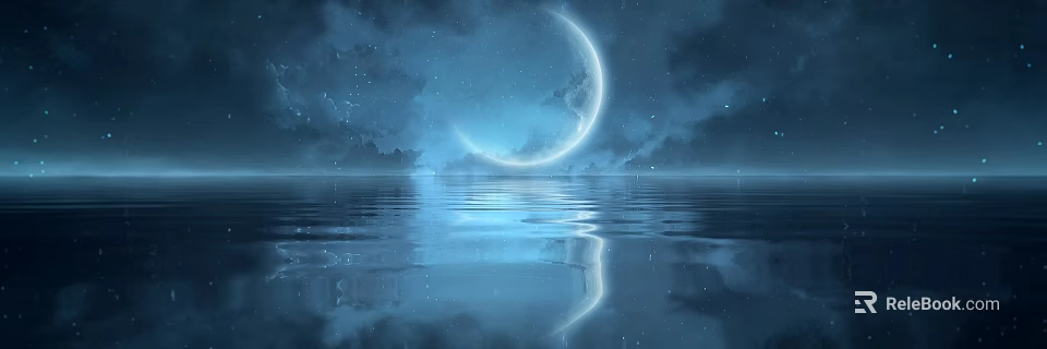 Scenic Night Landscape with Crescent Moon Stars and Clouds Over Calm Water Reflection 3d model 