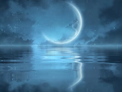 Scenic Night Landscape with Crescent Moon Stars and Clouds Over Calm Water Reflection 3d model