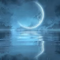 Scenic Night Landscape with Crescent Moon Stars and Clouds Over Calm Water Reflection