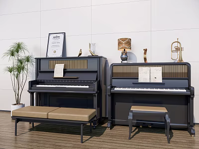 Elegant Musical Instruments Collection With Black Pianos Trumpet Sheet Music Bench And Potted Plant 3d model