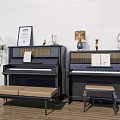 Elegant Musical Instruments Collection With Black Pianos Trumpet Sheet Music Bench And Potted Plant