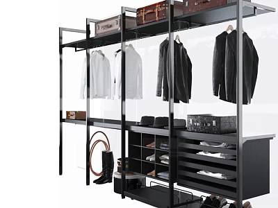 Modern Walk In Closet With Hanging Clothes And Storage Units 3d model