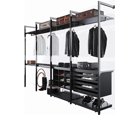 Modern Walk In Closet With Hanging Clothes And Storage Units 3d model