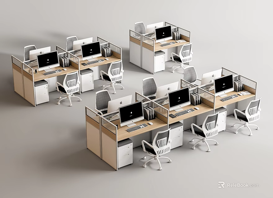 Modern Office Desks With Cubicles Computers And Multiple Ergonomic Chairs 3d model 