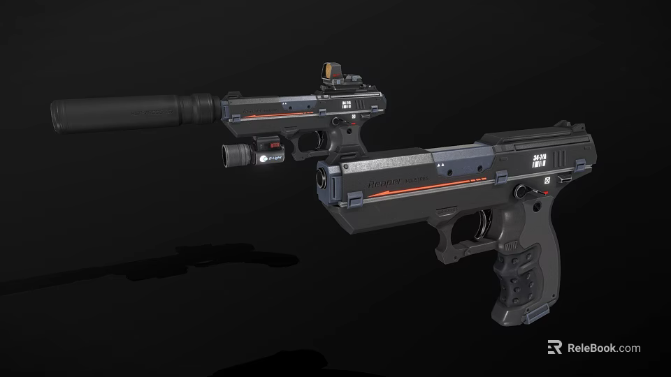 Tactical Weapons Display with Rifle and Pistol Featuring Scope Suppressor and Orange Stripes 3d model 