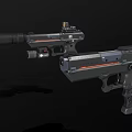 Tactical Weapons Display with Rifle and Pistol Featuring Scope Suppressor and Orange Stripes
