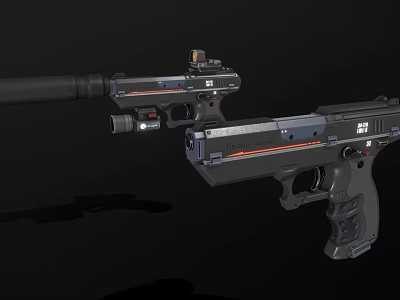 Tactical Weapons Display with Rifle and Pistol Featuring Scope Suppressor and Orange Stripes 3d model