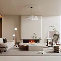 Minimalist Living Room Interior With Beige Sofa Fireplace Chandelier And Floor Lamp