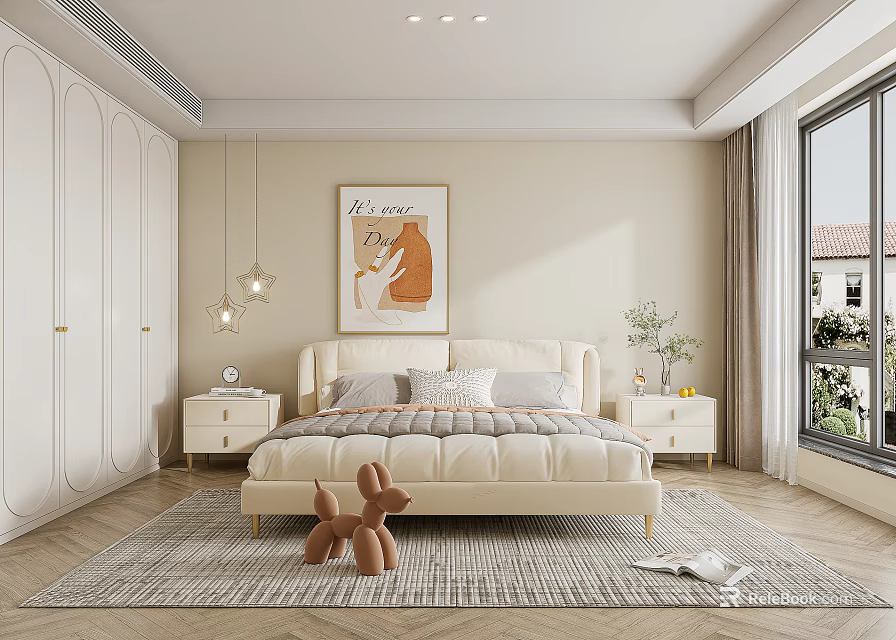 Modern Minimalist Bedroom With Beige Bed Decorative Painting Nightstands Pendant Lights And Cozy Rug 3d model 
