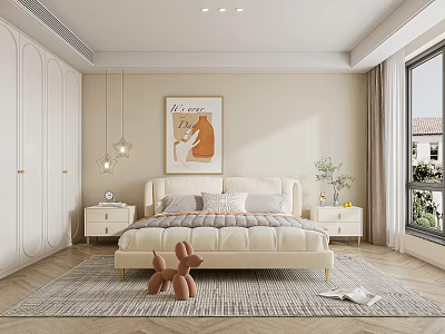 Modern Minimalist Bedroom With Beige Bed Decorative Painting Nightstands Pendant Lights And Cozy Rug 3d model