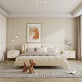 Modern Minimalist Bedroom With Beige Bed Decorative Painting Nightstands Pendant Lights And Cozy Rug