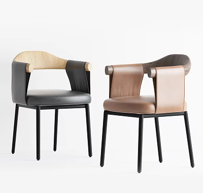 Modern Armchairs In Black And Brown Leather With Wooden Armrests And Metal Legs 3d model