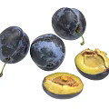 Fresh Dark Purple Plums With Whole And Sliced Yellow Flesh And Visible Stone
