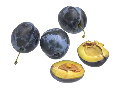 Fresh Dark Purple Plums With Whole And Sliced Yellow Flesh And Visible Stone 3d model