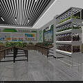 Modern Spacious Hall Interior With White Counters Black Slatted Ceiling And Circular Green Lights 3d model