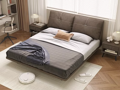 Gray Headboard Double Bed with White Sheets Brown Pillow and Nightstand Lamps on Light Rug 3d model