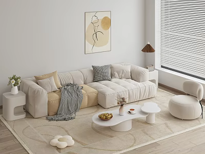 Cream style sofa combination coffee table leisure chair floor lamp hanging picture carpet side vase pillow 3d model