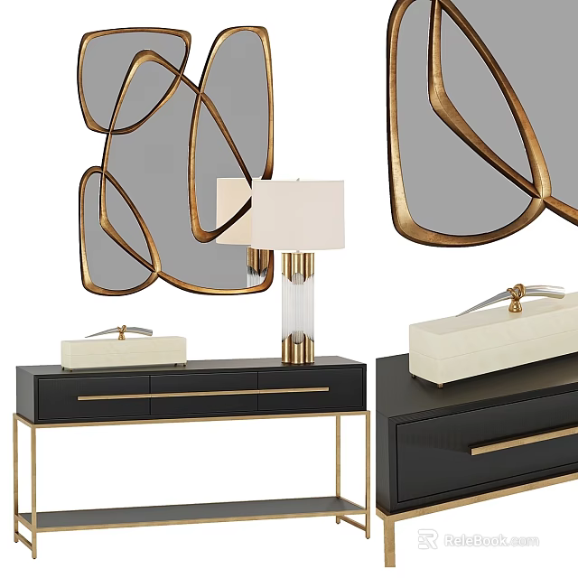 Elegant Modern Interior Decor With Gold Framed Mirror Table Lamp And Console Cabinet 3d model
