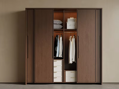 Modern Solid Wood Sliding Door Wardrobe With Large Hanging Space And Storage Drawers For Bedroom 3d model
