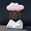 Serene Pink Cloud Art Installation With Colorful Decorative Hanging Elements Above Open Book 3d model