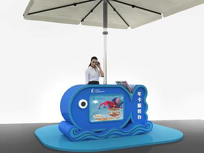 Blue Fish Shaped Reception Desk Setup For Family Service Station With Umbrella 3d model