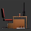 Wooden Office Desk With Ergonomic Chair Three Monitors Drawer And Storage