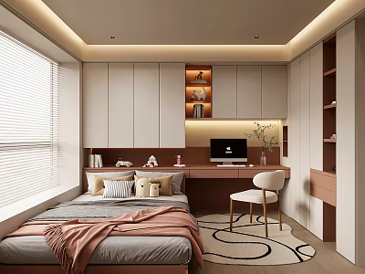Modern Tatami Bedroom Interior With Cozy Bed Desk Bookshelf And Blinds 3d model