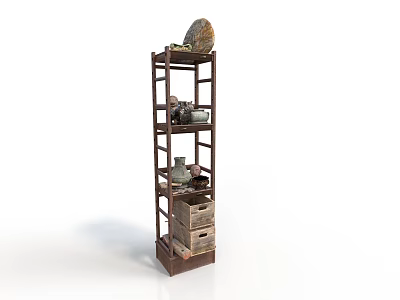 Tall Brown Wooden Shelf With Multiple Shelves Holding Decorative Stone Jar And Box 3d model