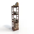 Tall Brown Wooden Shelf With Multiple Shelves Holding Decorative Stone Jar And Box