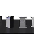 Modern White Podiums With Blue Branding And Various Designs For Presentations
