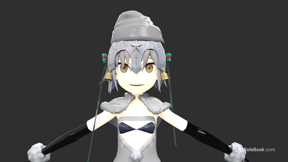 Cute Game Anime Character With Grey Hat White Outfit Yellow Eyes And Green Ribbons 3d model 